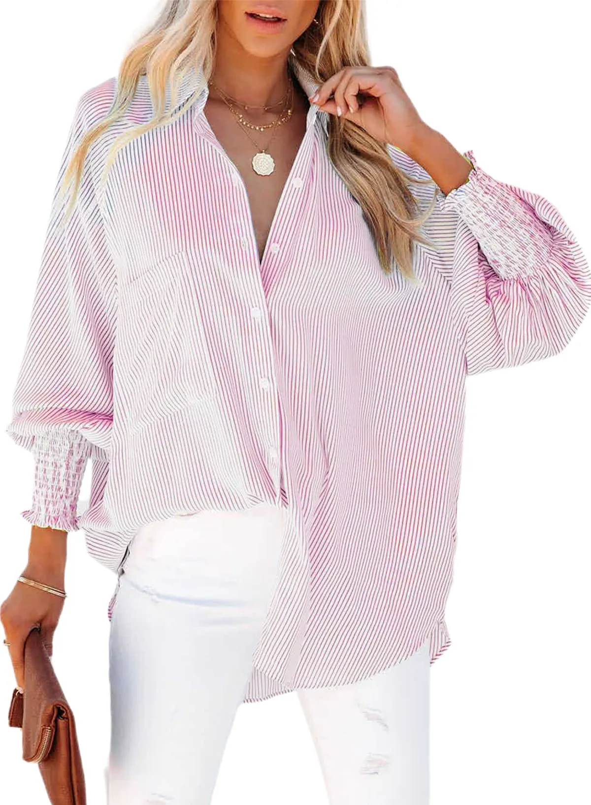 🔥🔥🔥🔥Women's Smocked Cuffed Striped Boyfriend Shirt with Pocket