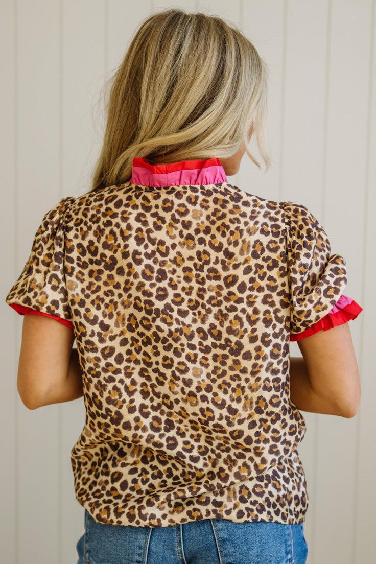 Portia Leopard Contrast Trim Short Sleeve Top