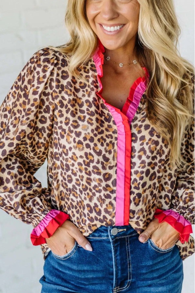 Portia Leopard Contrast Trim Short Sleeve Top