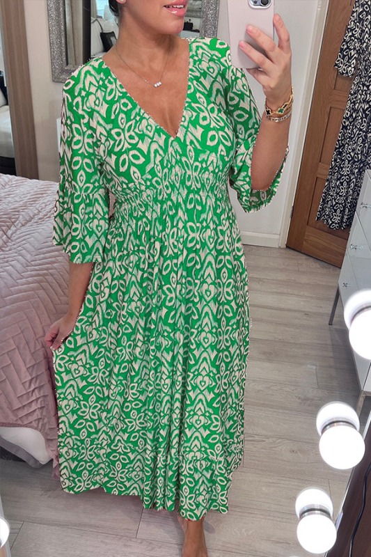 ✨Hot Sale✨NEW BOHEMIAN CASUAL PRINT V-NECK LONG DRESS (BUY 2 FREE SHIPPING)