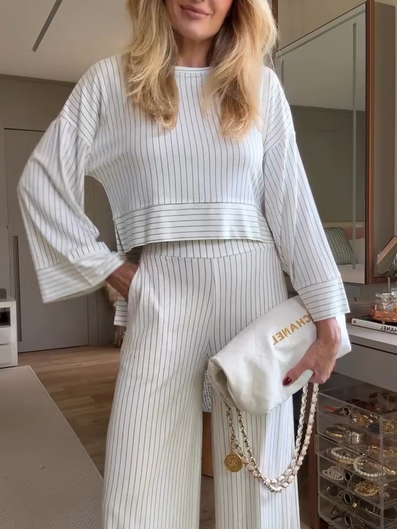 Pinstripe long-sleeved wide-leg two-piece suit(BUY 2 FREE SHIPPING)