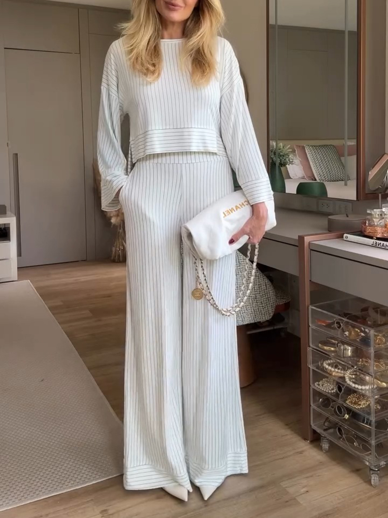 Pinstripe long-sleeved wide-leg two-piece suit(BUY 2 FREE SHIPPING)