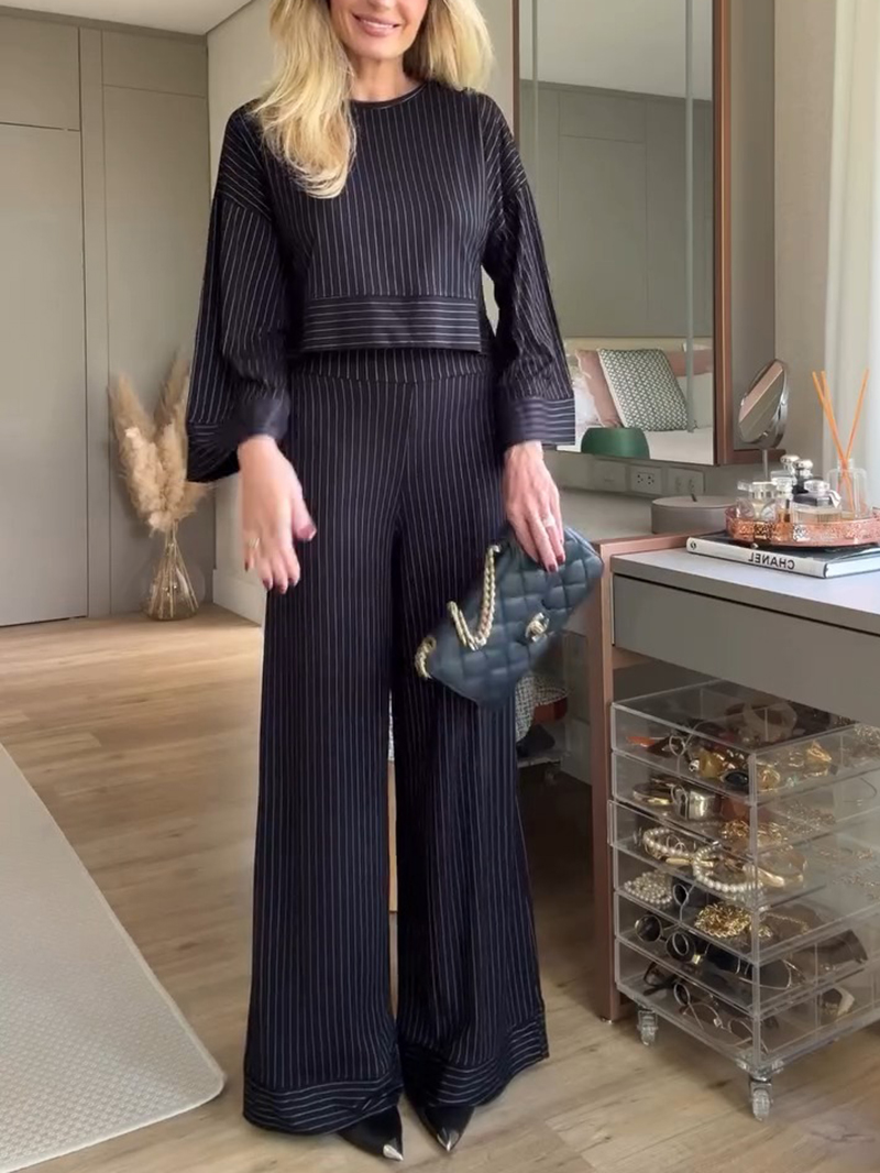 Pinstripe long-sleeved wide-leg two-piece suit(BUY 2 FREE SHIPPING)
