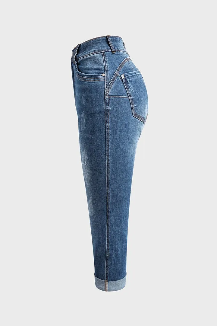 RIPPED ROLL UP HEM CAPRIS JEANS