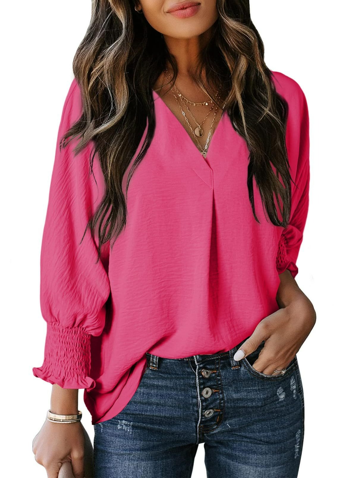 Hot Sale-Womens Casual 3/4 Sleeve V Neck Loose Fit Basic Tees (BUY 2 FREE SHIPPING)