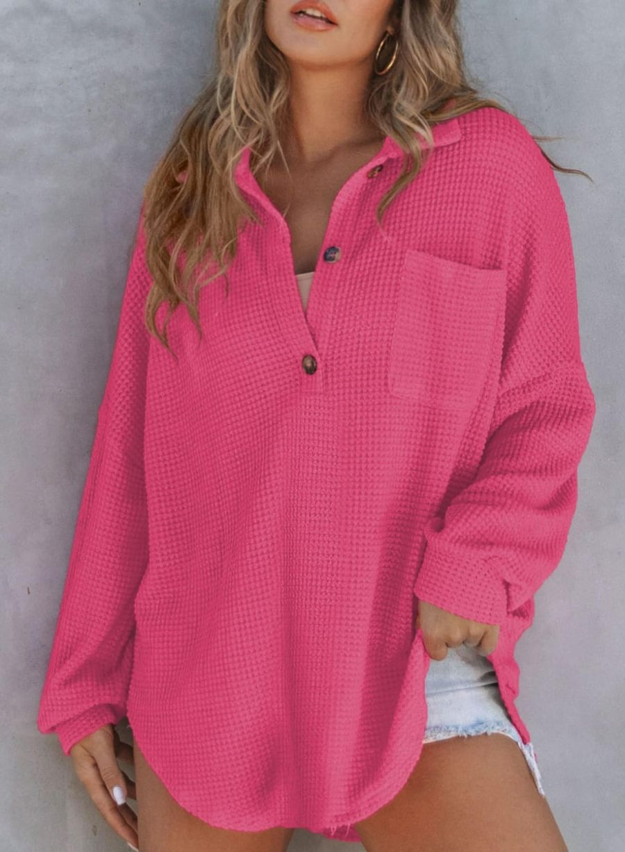 2024 New Women's Waffle Knit Henley V Neck Shirt Jacket