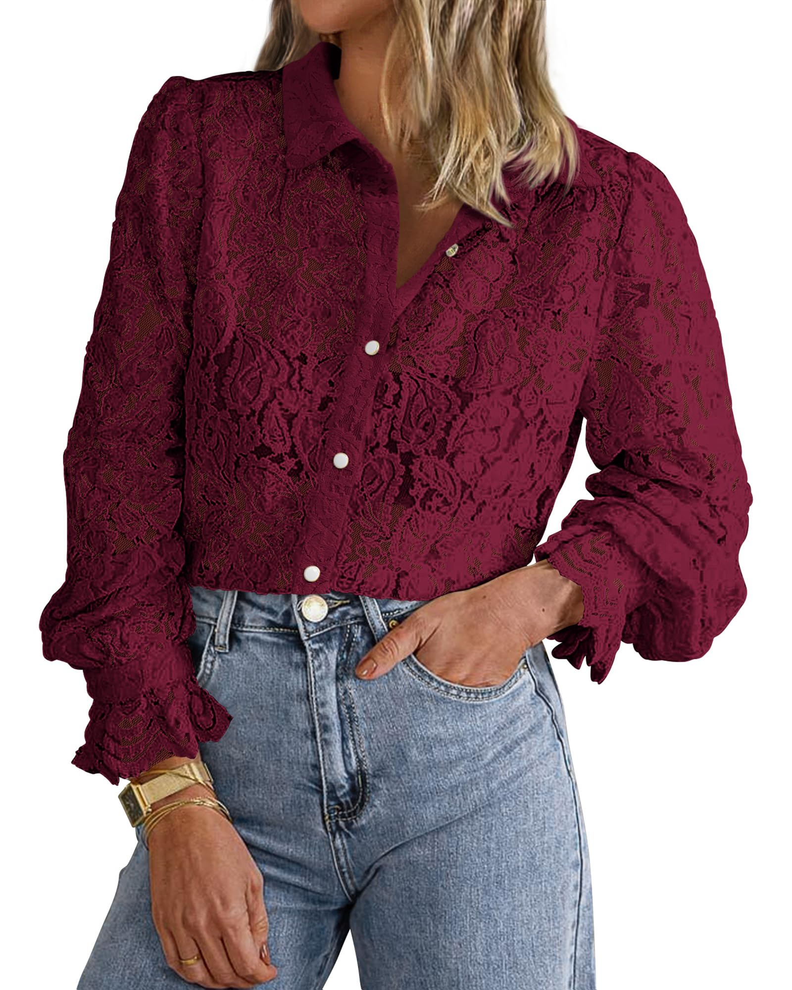 Women's Lace Blouses Long Sleeve Button Down Shirt(Buy 2 Free Shipping)