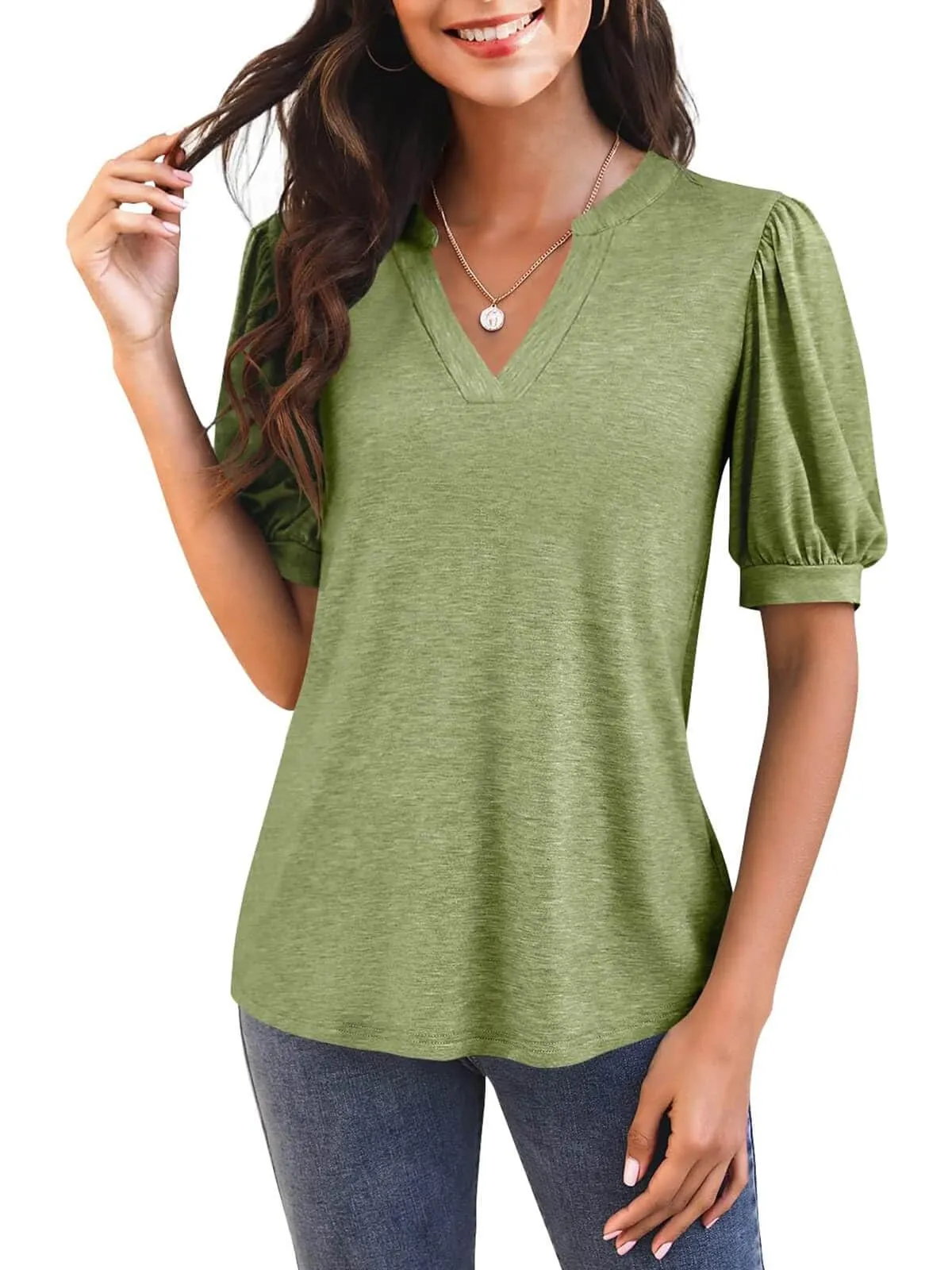 🔥🔥🔥🔥Women's Casual V-neck Solid Color Puff Sleeve Loose T-Shirt