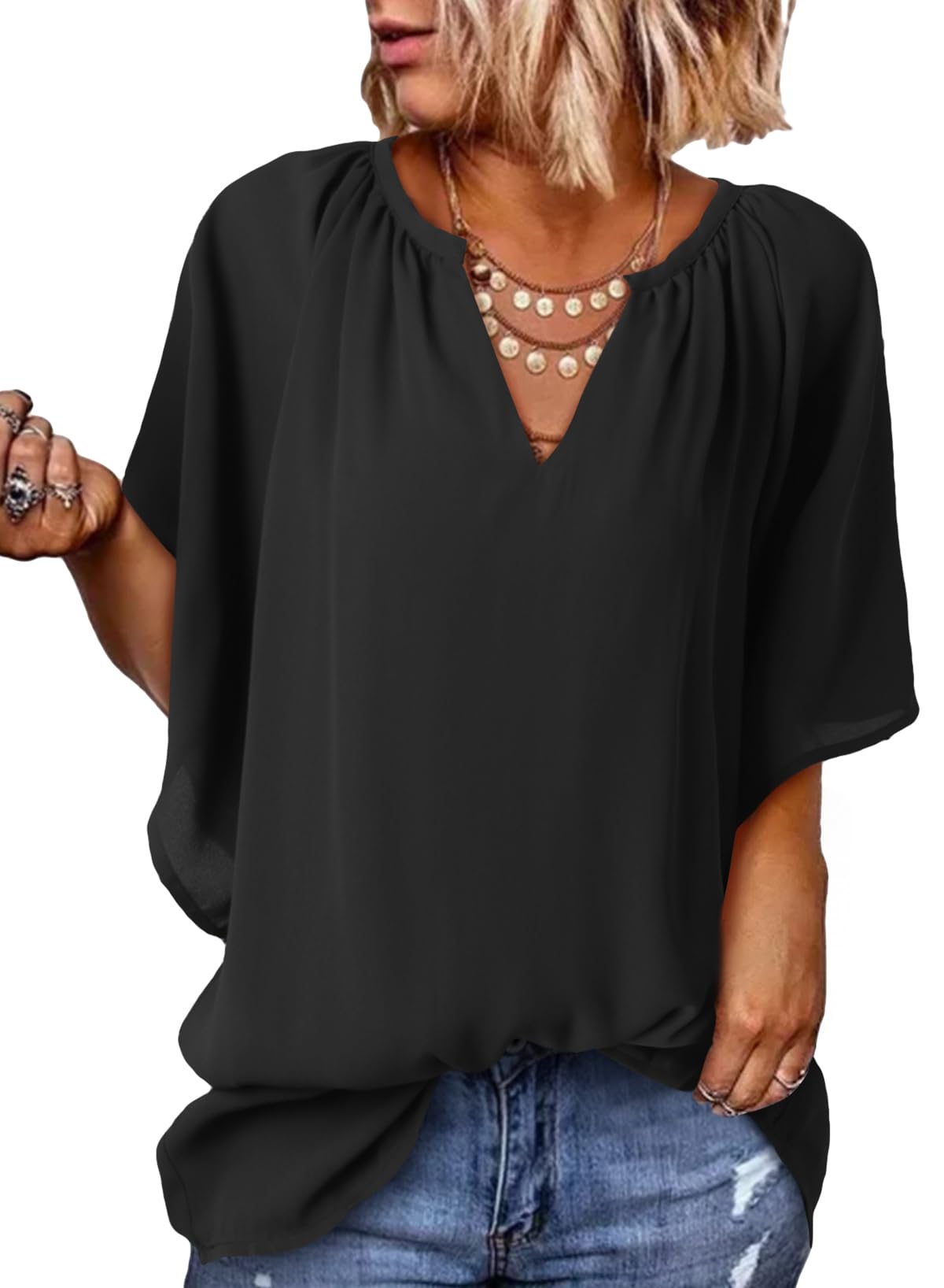Women's V Neck 3/4 Batwing Sleeve Blouse Pleated Flowy Tunic Tops(BUY 3 FREE SHIPPING)