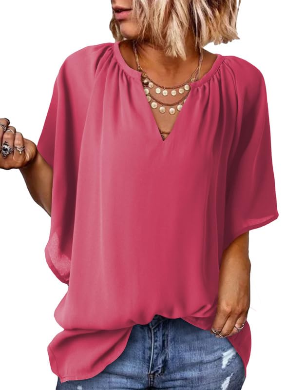 Women's V Neck 3/4 Batwing Sleeve Blouse Pleated Flowy Tunic Tops(BUY 3 FREE SHIPPING)