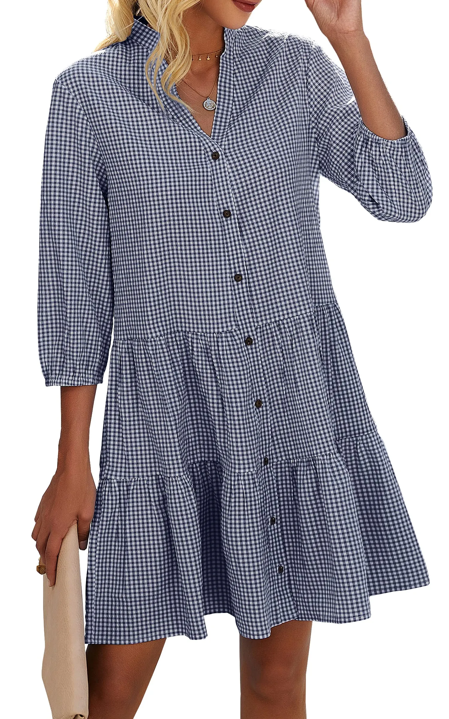 Women's Button Down 3/4 Sleeve Gingham Shirt Dress