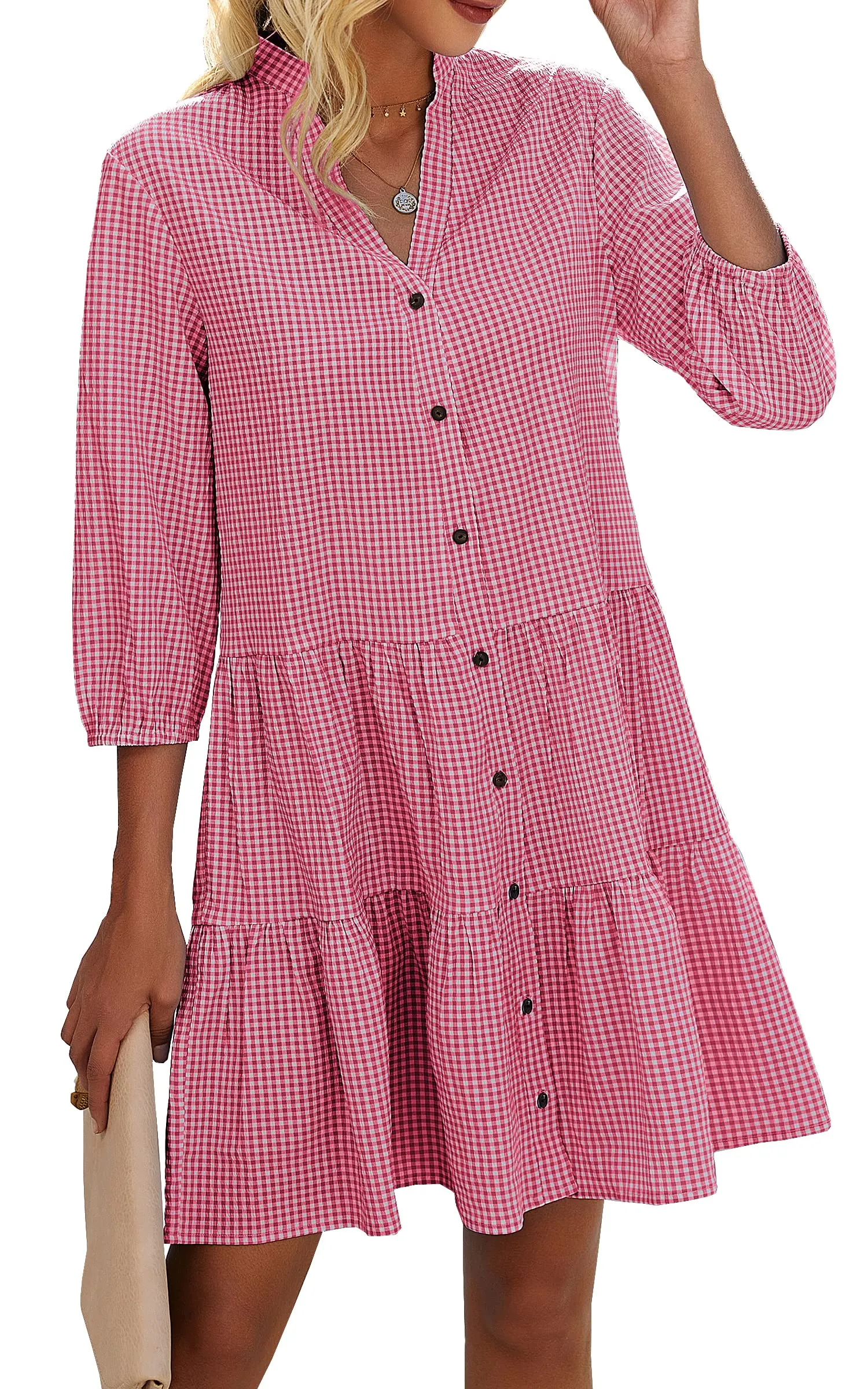 Women's Button Down 3/4 Sleeve Gingham Shirt Dress