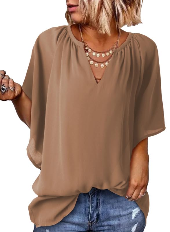 Women's V Neck 3/4 Batwing Sleeve Blouse Pleated Flowy Tunic Tops(BUY 3 FREE SHIPPING)