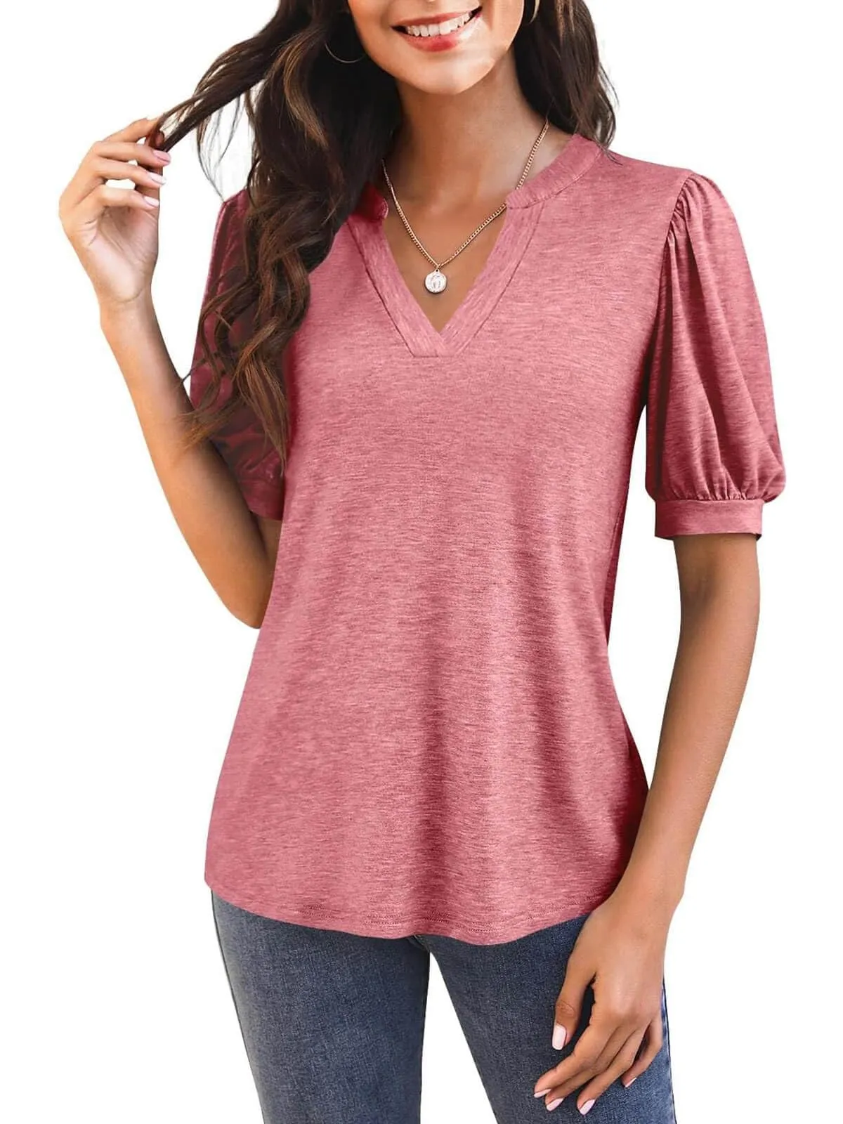 🔥🔥🔥🔥Women's Casual V-neck Solid Color Puff Sleeve Loose T-Shirt