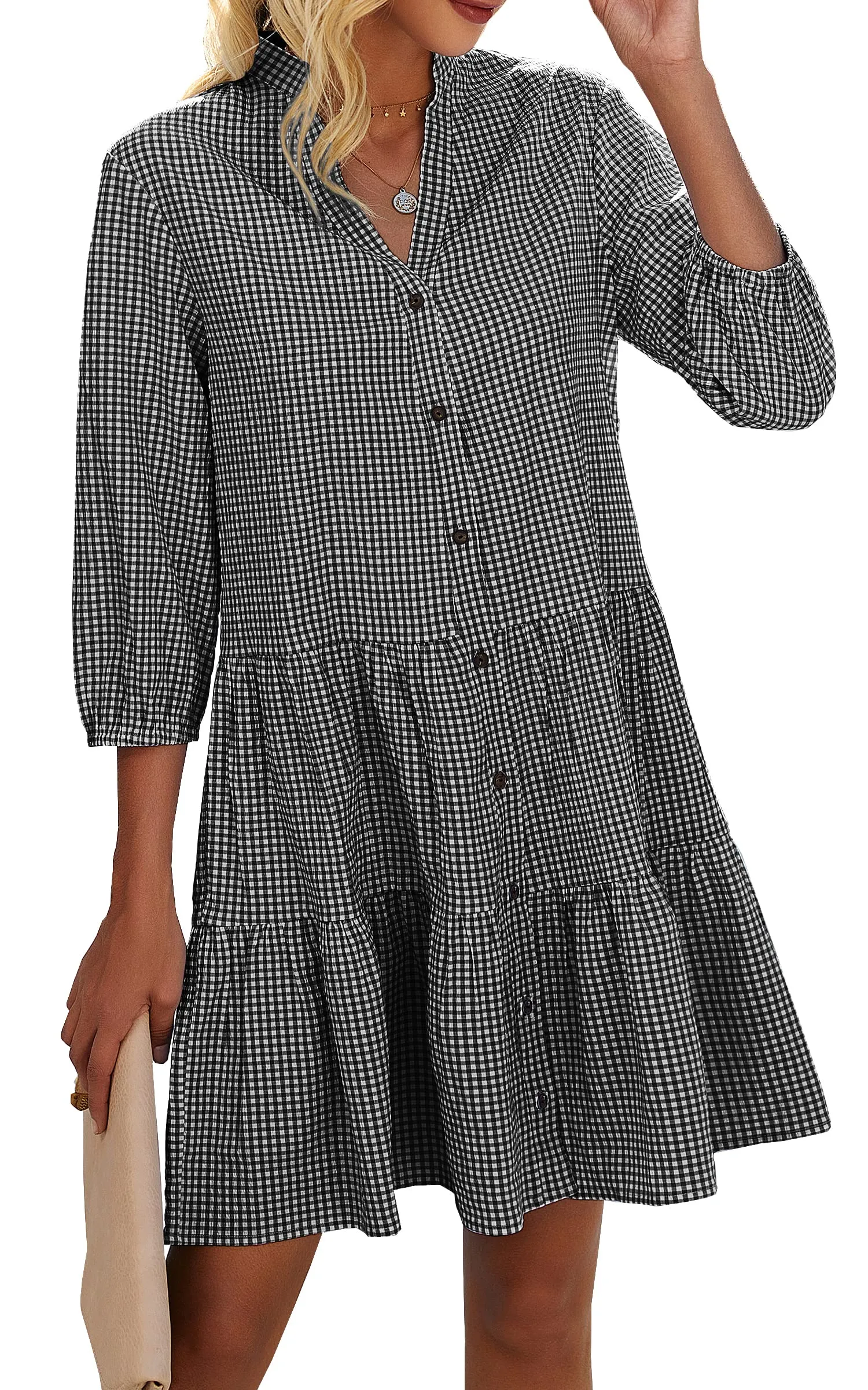 Women's Button Down 3/4 Sleeve Gingham Shirt Dress
