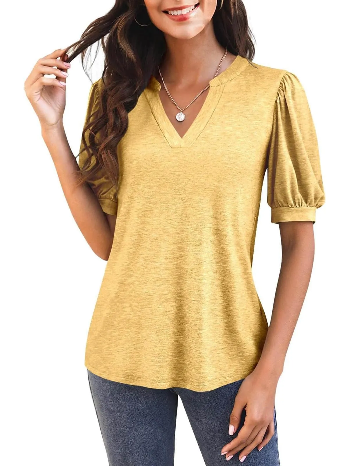 🔥🔥🔥🔥Women's Casual V-neck Solid Color Puff Sleeve Loose T-Shirt