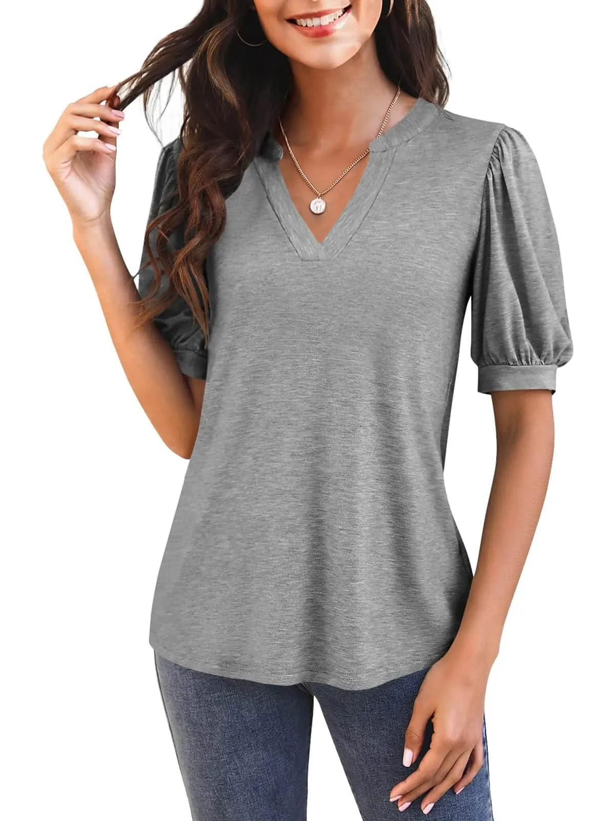 🔥🔥🔥🔥Women's Casual V-neck Solid Color Puff Sleeve Loose T-Shirt