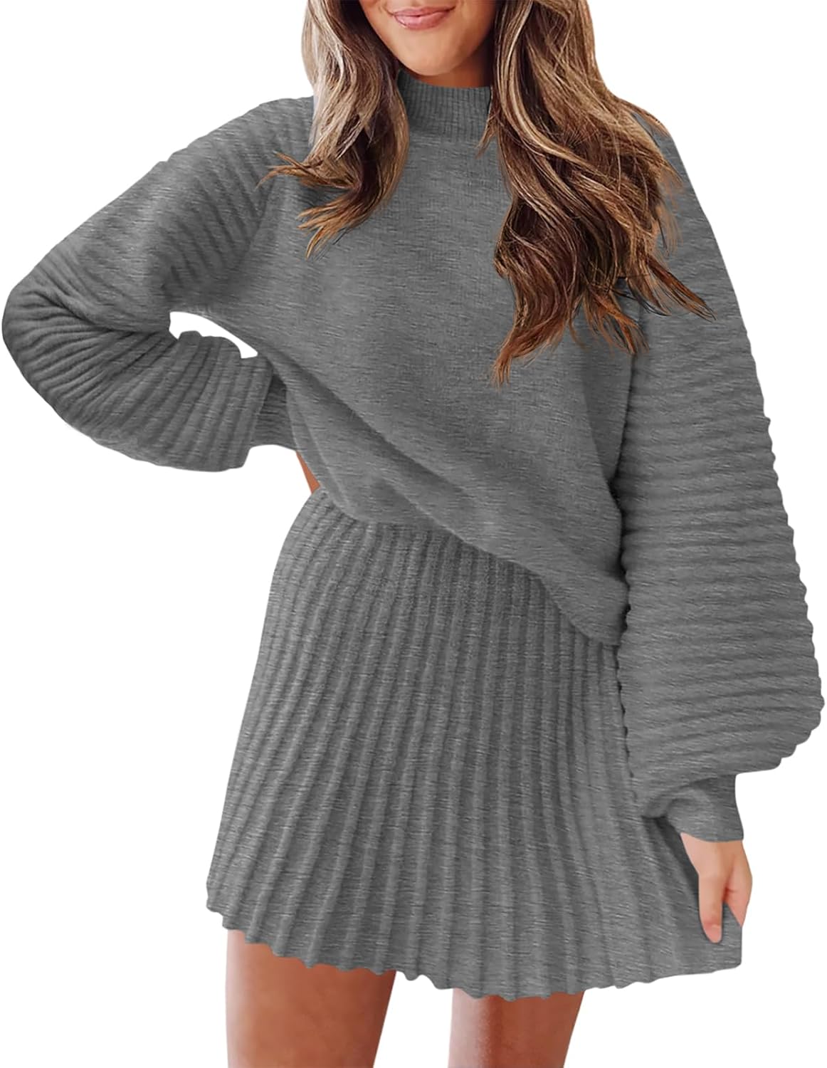 Women's Mock Neck Ribbed Sweaters and Mini Skirt Two Piece Sets
