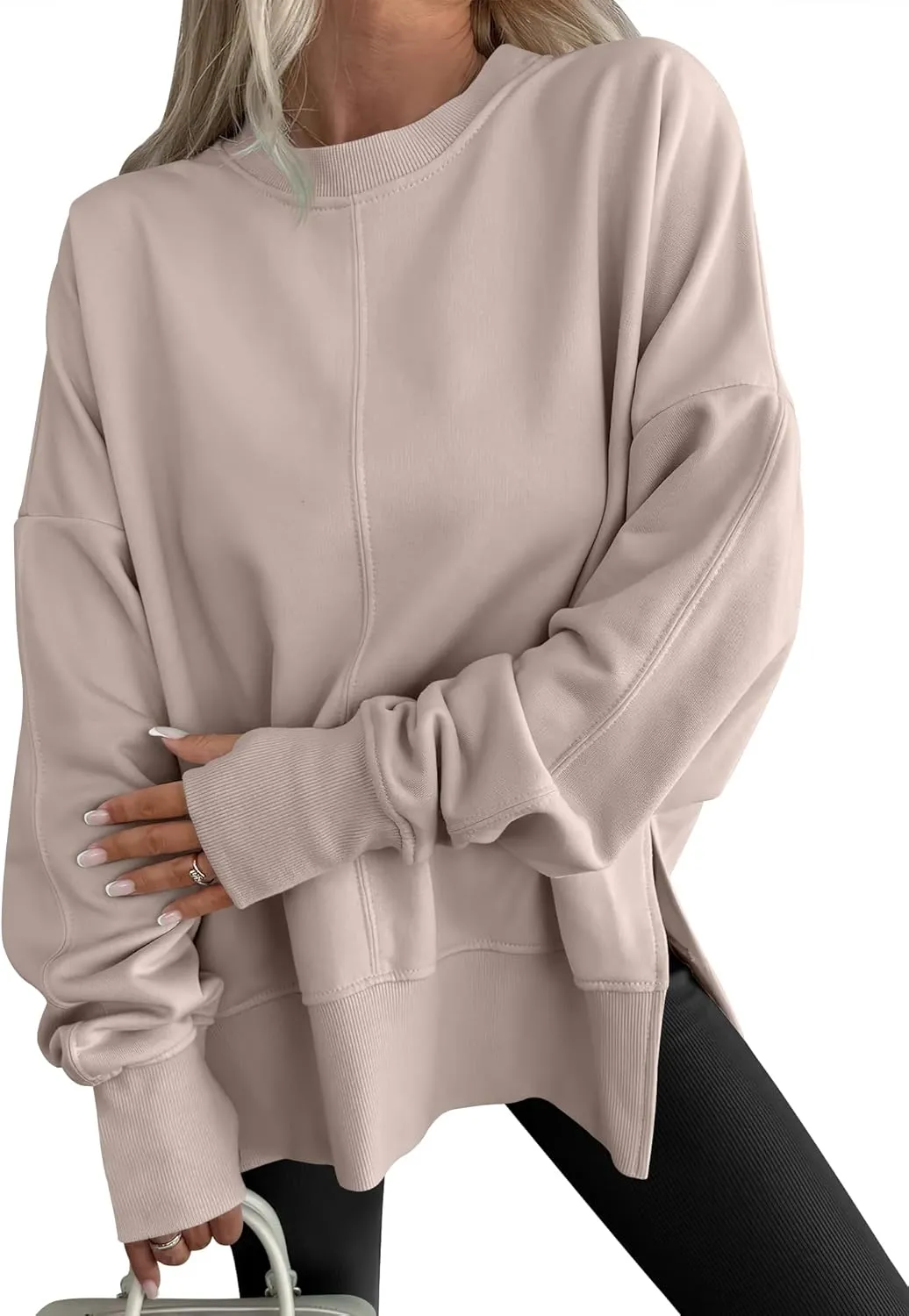 WOMENS OVERSIZED THUMBHOLE LONG SLEEVE SIDE SLIT PULLOVER TOP(BUY 2 FREE SHIPPING)