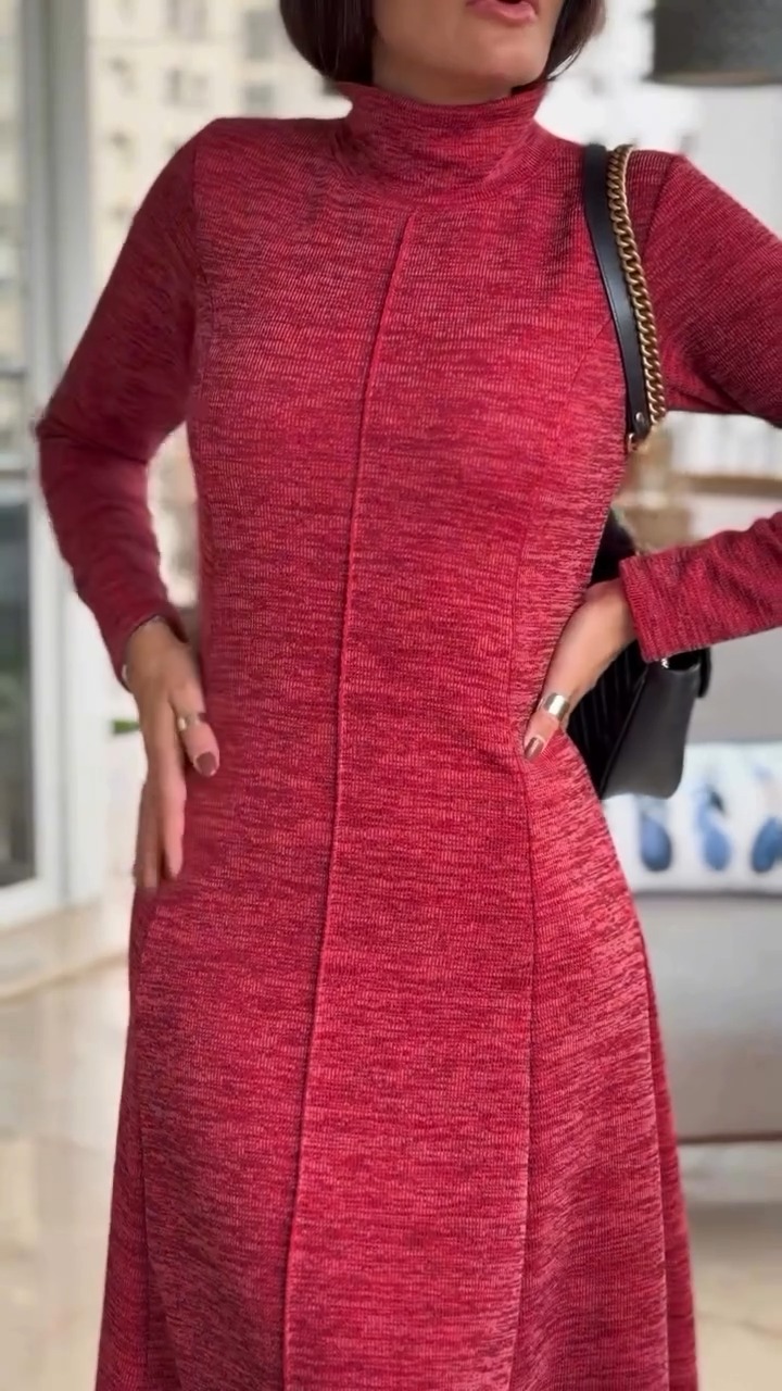 High Neck Long Sleeve Ribbed Dress（BUY 2 FREE SHIPPING)