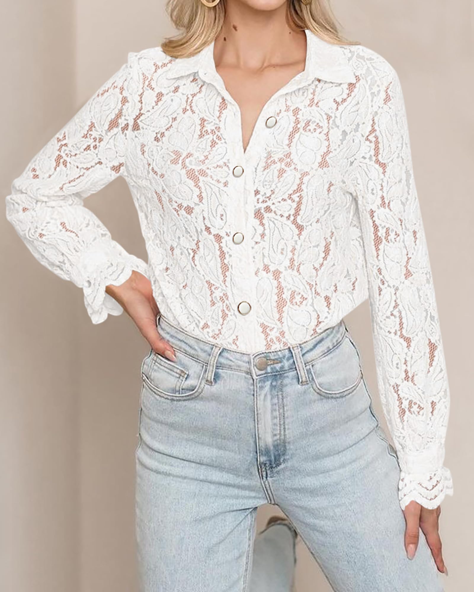Women's Lace Blouses Long Sleeve Button Down Shirt(Buy 2 Free Shipping)