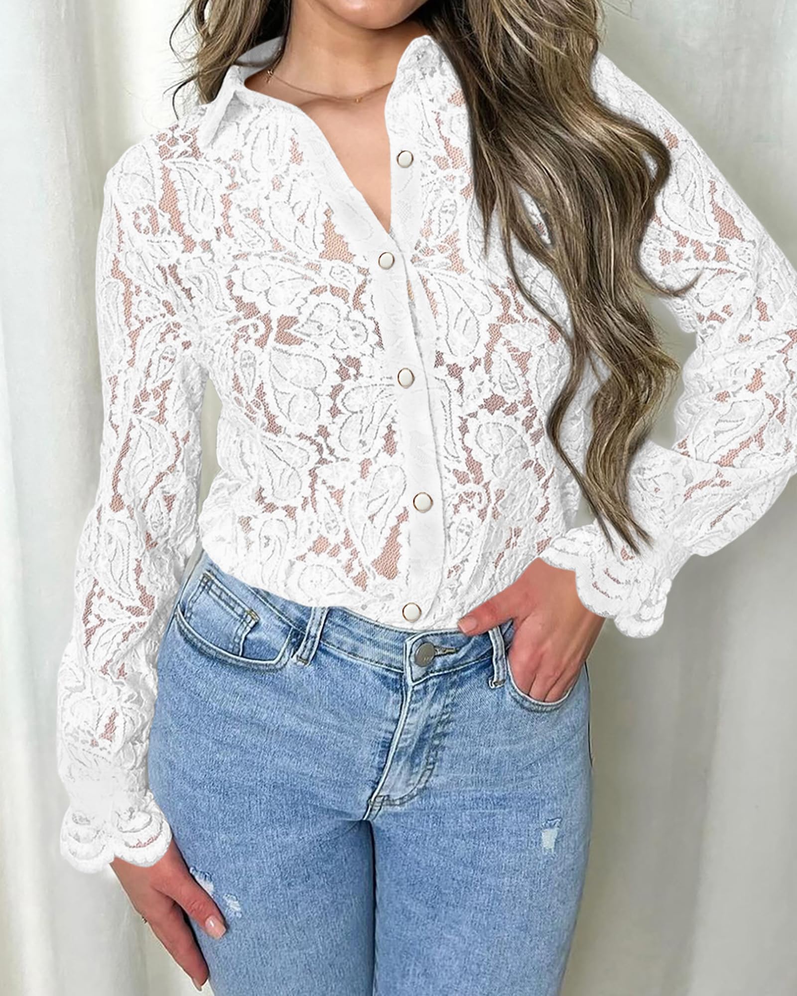 Women's Lace Blouses Long Sleeve Button Down Shirt(Buy 2 Free Shipping)
