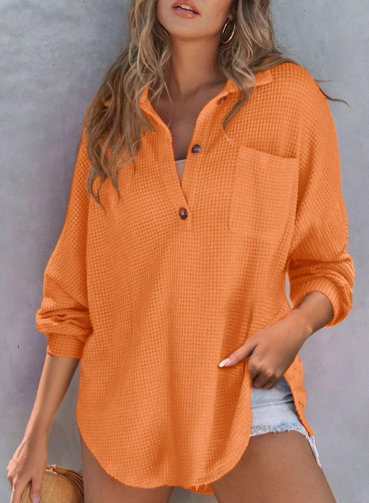 2024 New Women's Waffle Knit Henley V Neck Shirt Jacket