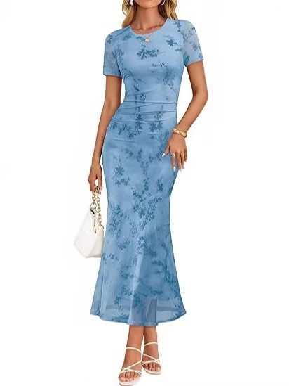 Women's Floral Mesh Short Sleeve Maxi Dress