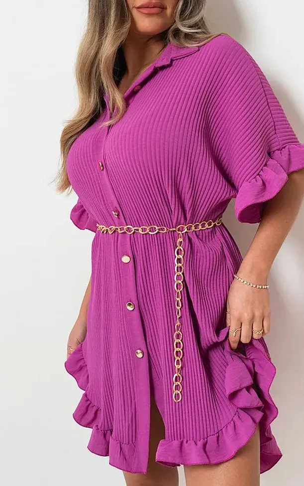 🔥🔥🔥🔥2024 STRETCH FANCY RIB BUTTON DOWN OVERSIZED RUFFLE SHORT SLEEVE MINI DRESS(BUY 2 FREE SHIPPING)