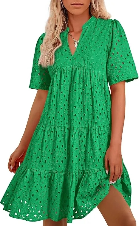 💝💝NEW WOMEN'S V NECK SHORT SLEEVE HOLLOW OUT MINI VACATION DRESS (BUY 2 FREE SHIPPING)