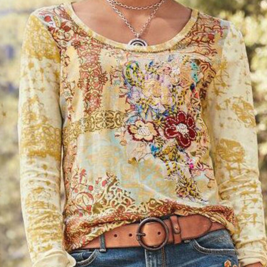 Ladies Retro Western Print Long Sleeve Top