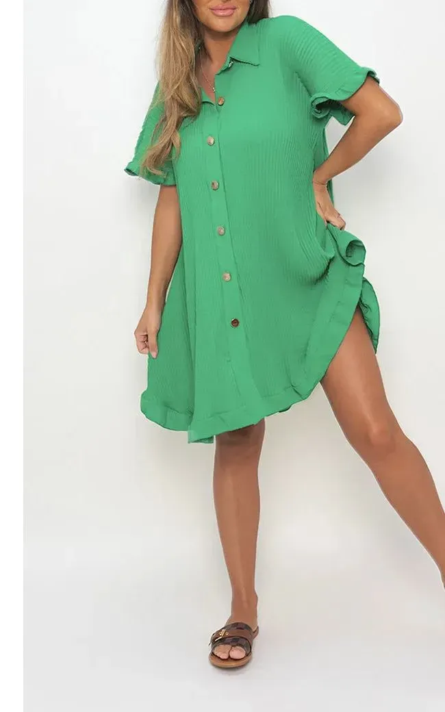 🔥🔥🔥🔥2024 STRETCH FANCY RIB BUTTON DOWN OVERSIZED RUFFLE SHORT SLEEVE MINI DRESS(BUY 2 FREE SHIPPING)