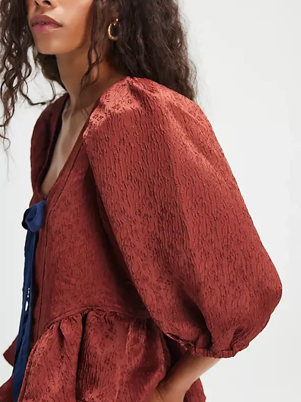 Women's Contrast Bow Puff Sleeve Peplum Blouse