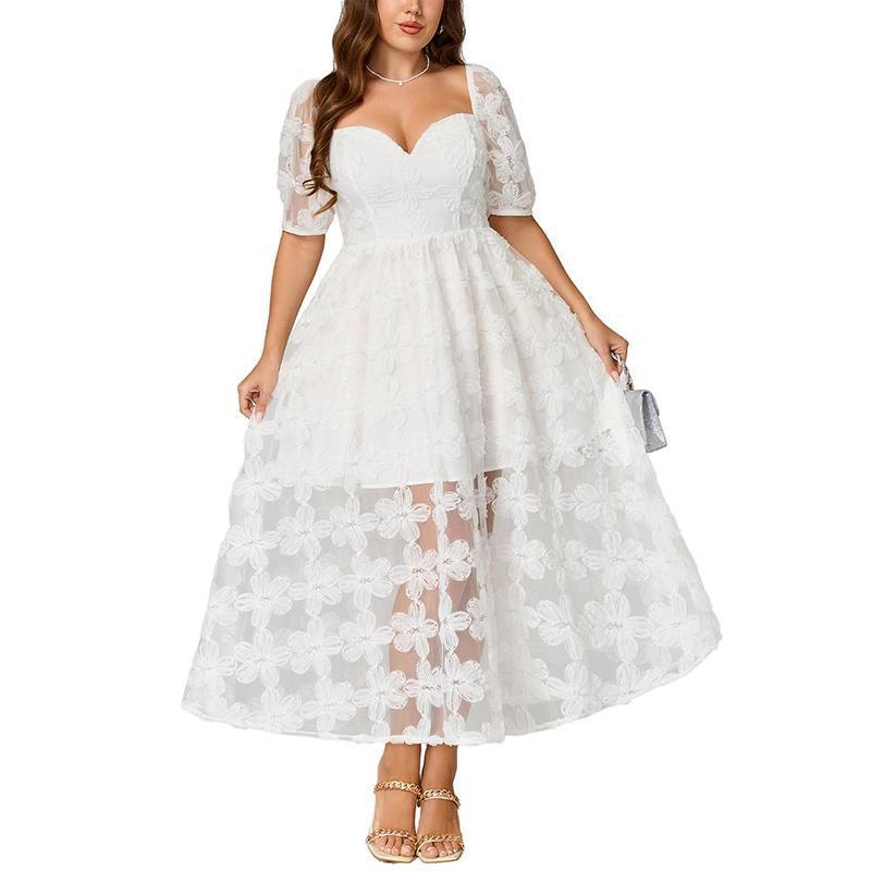 Women's Floral Embroidered Sweetheart Neck Midi Dress