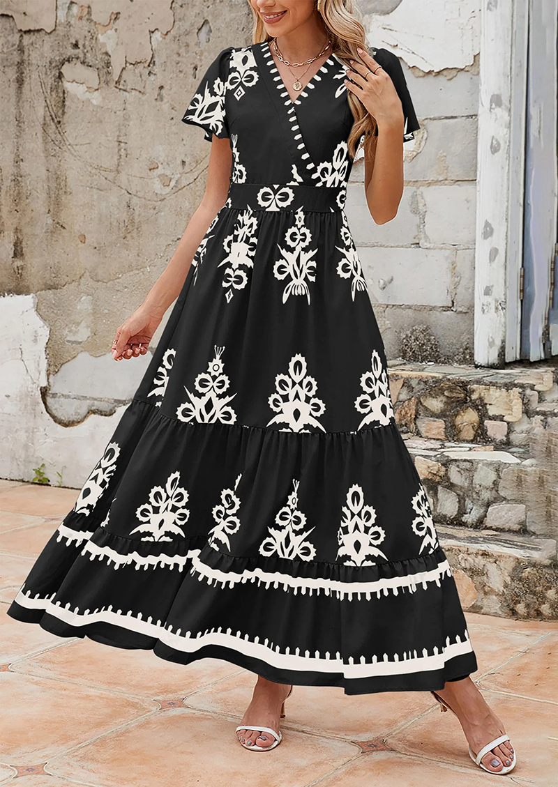 Womens Casual V Neck Boho Maxi Dress Flowy Aline Bell Sleeve Tiered Floral Dresses with Pocket(BUY 2 FREE SHIPPING)