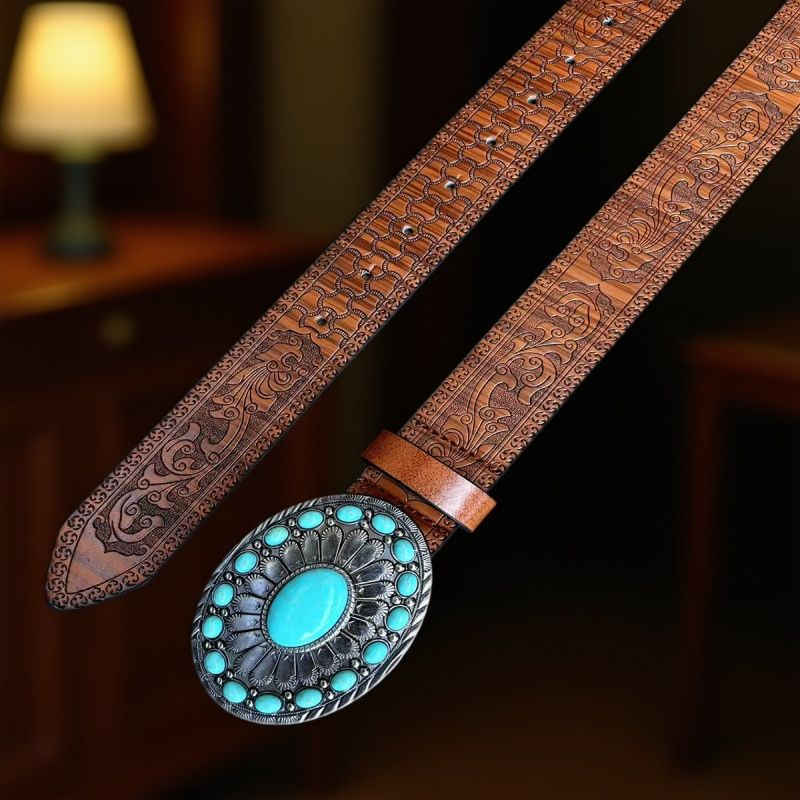 Western Turquoise Buckle Faux Leather Belt