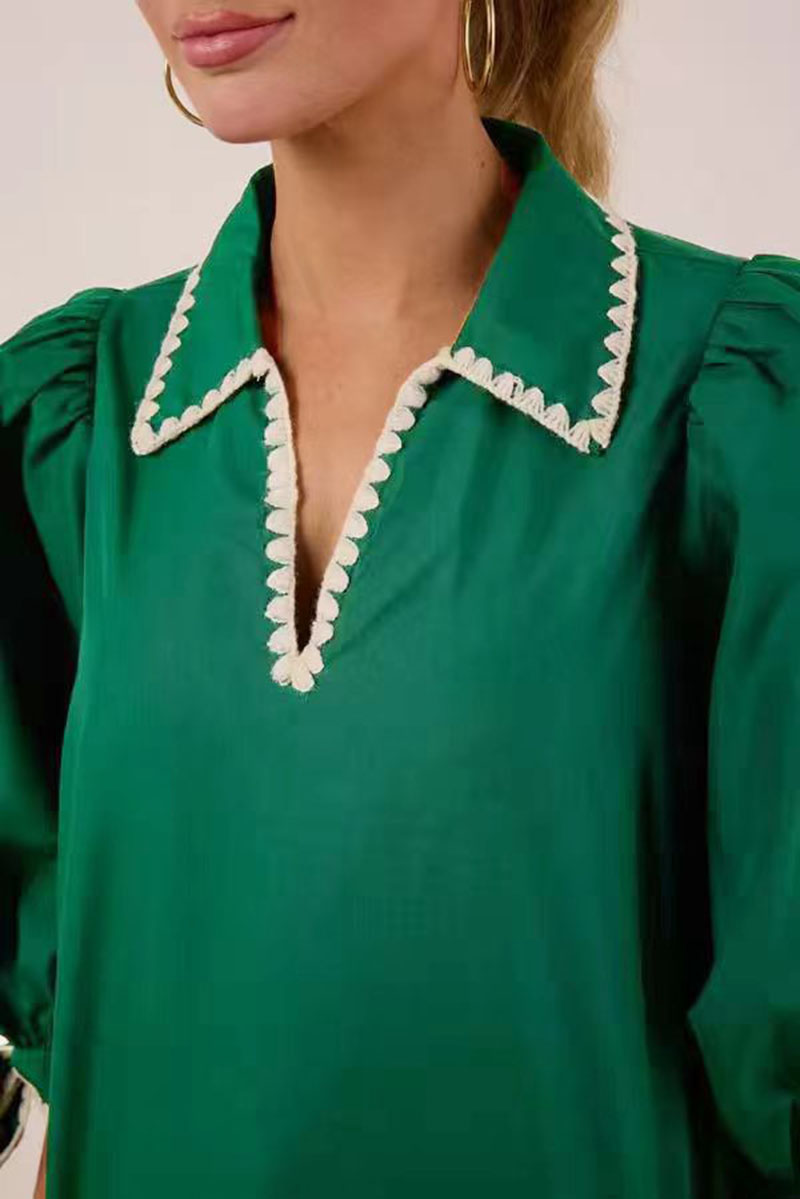 Shell Stitch Trim Hit Color Modern V Neck Blouse(BUY2 FREE SHIPPING)