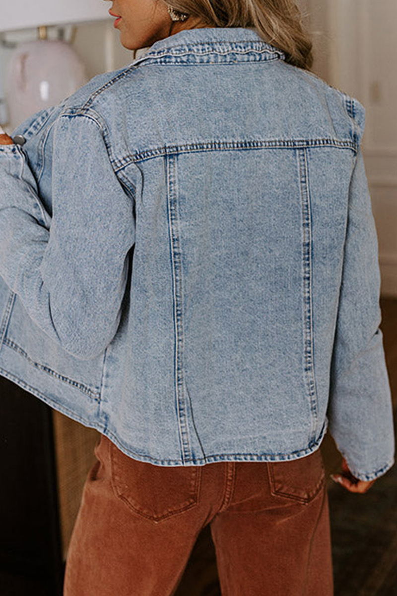 Washed Denim Jacket with Scalloped Edge