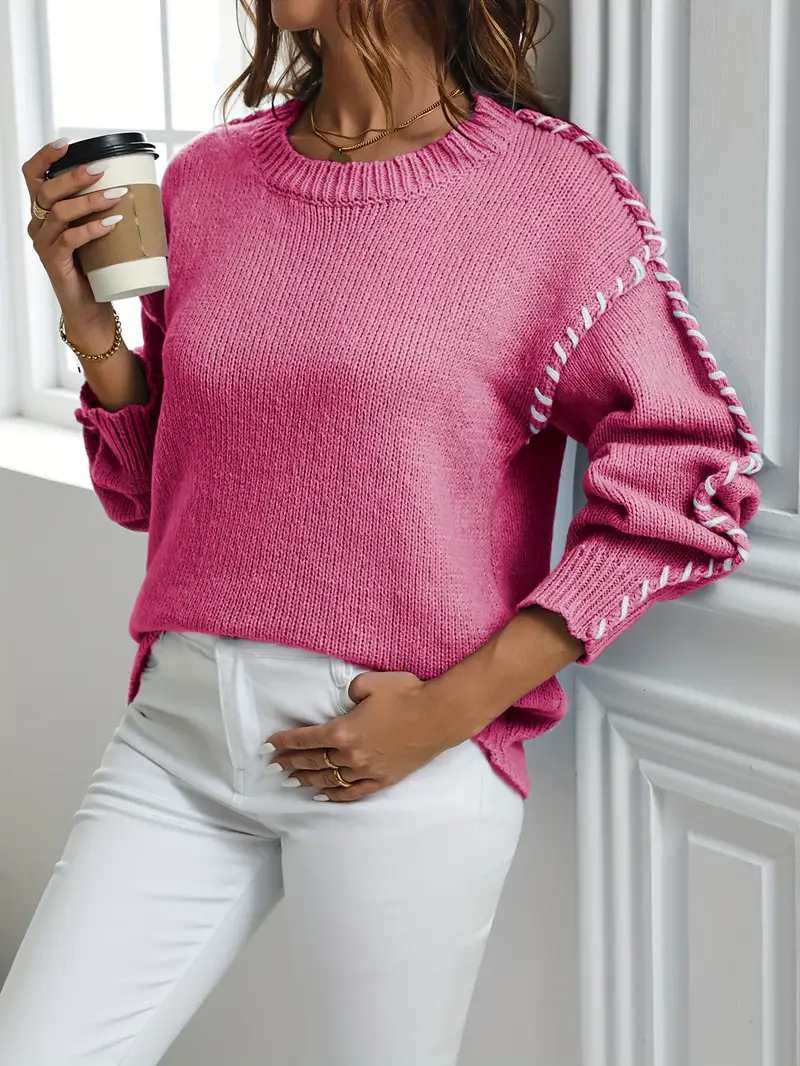Women's Contrast Binding Drop Shoulder Sweater