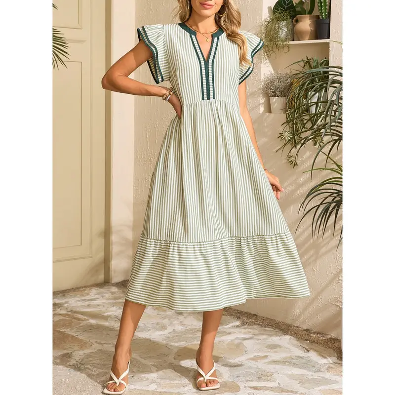 Womens Dresses 2026 Summer V-Neck Ruffle Cap Sleeve Empire Waist Flowy Striped Beach Midi Maxi Dress(buy 2 free shipping)