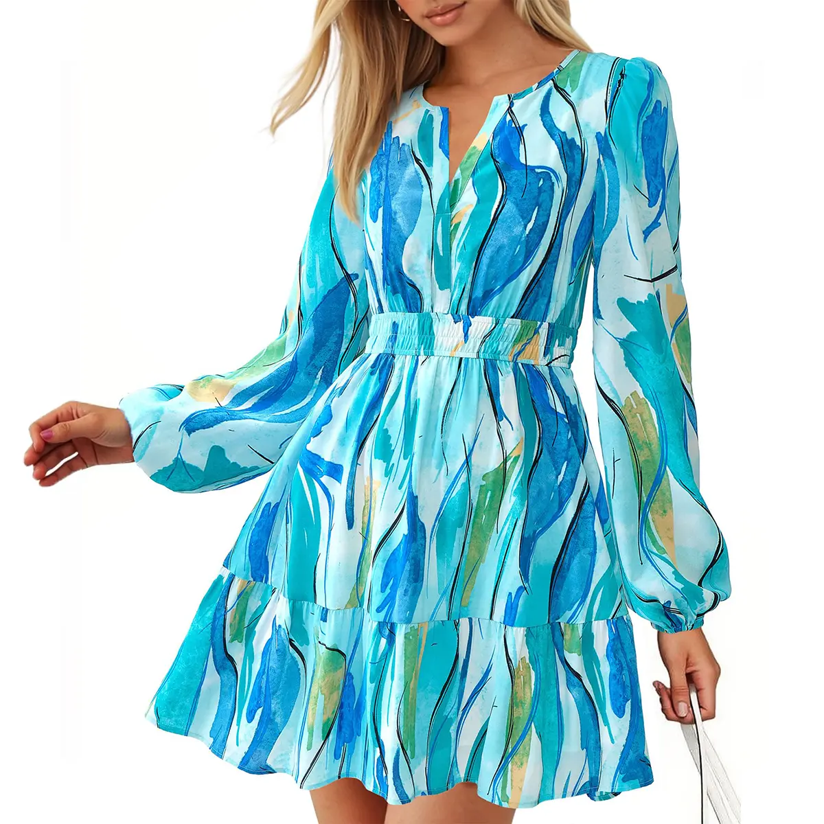 Women's V-neck long-sleeved floral mini summer dress