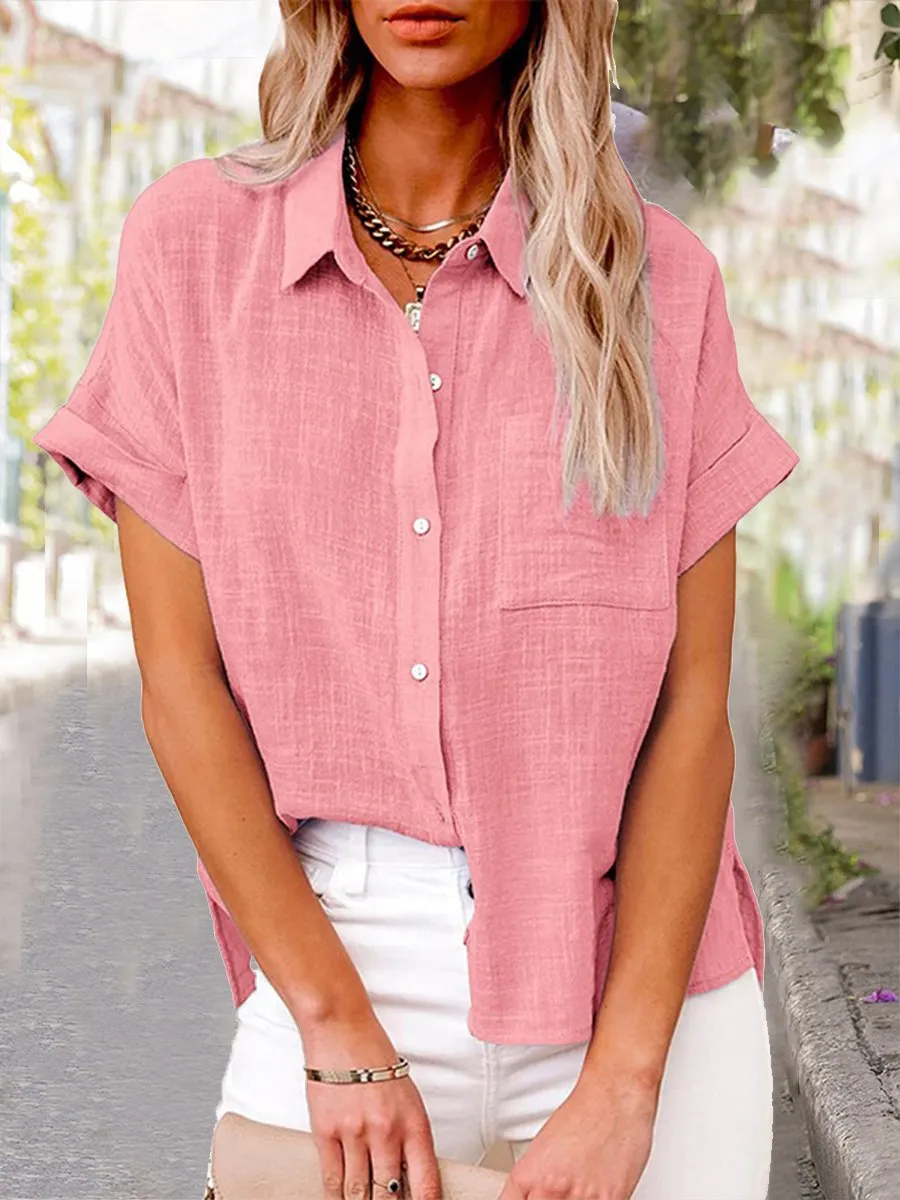 🔥🔥🔥🔥Women's Solid Color Pocket Short Sleeve Cotton Linen Shirt