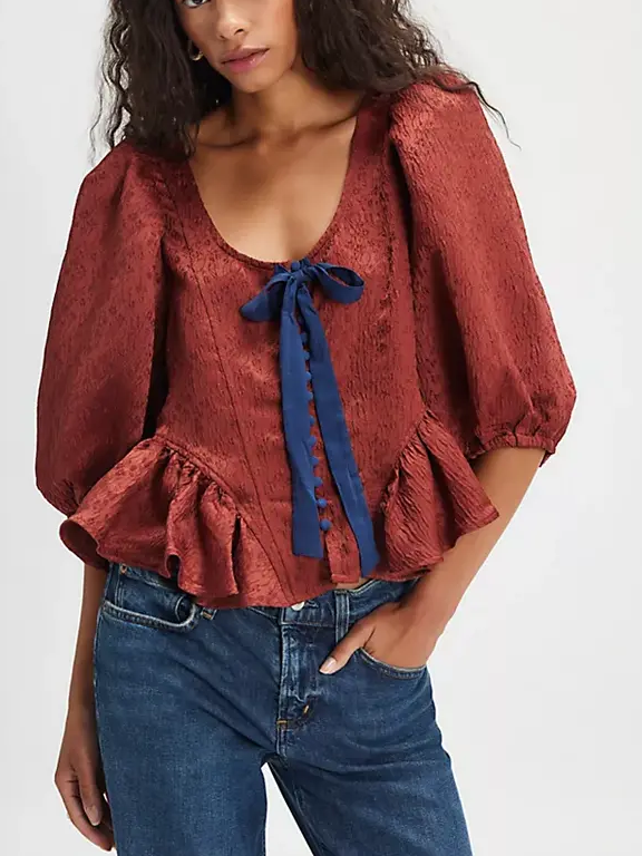 Women's Contrast Bow Puff Sleeve Peplum Blouse