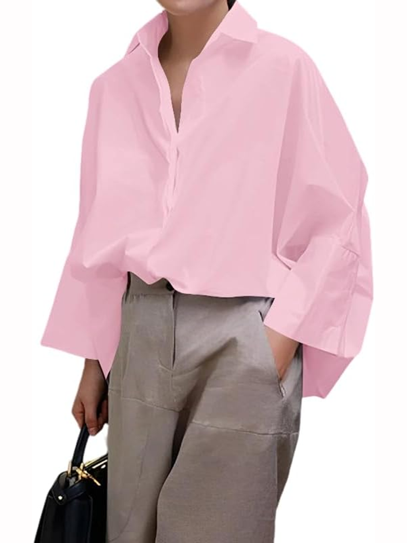 Long Sleeves Loose Light weight Solid Color Lapel Collar Blouses&Shirts Tops(BUY 2 FREE SHIPPING)