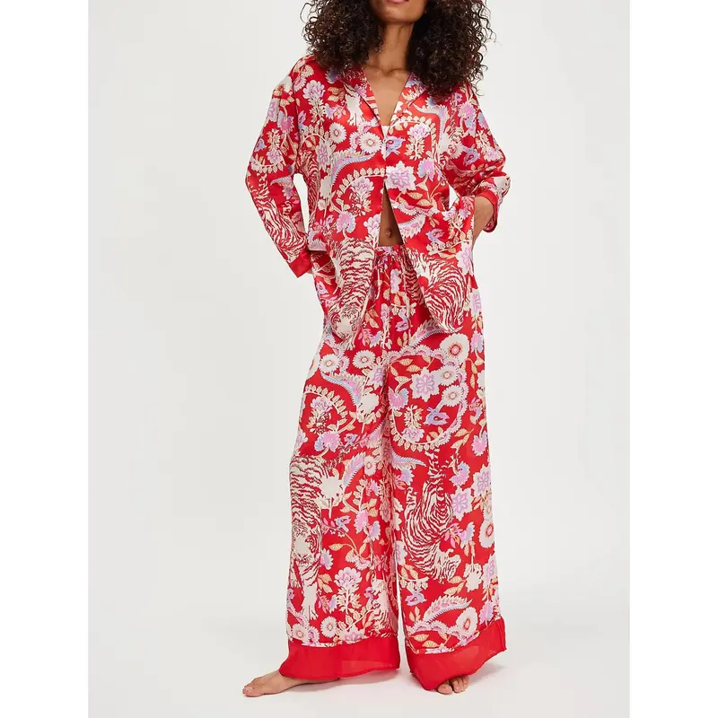 Women’s Loungewear Sleepwear Set Printed Long Sleeve Lapel Button Top & Long Pants