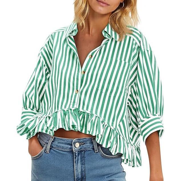 Women’s Cropped Striped Button Down Shirts Ruffle 3/4 Length Sleeve Summer Tops Dressy Casual Blouses(BUY 2 FREE SHIPPING)