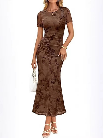 Women's Floral Mesh Short Sleeve Maxi Dress