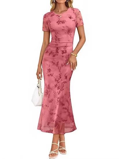 Women's Floral Mesh Short Sleeve Maxi Dress