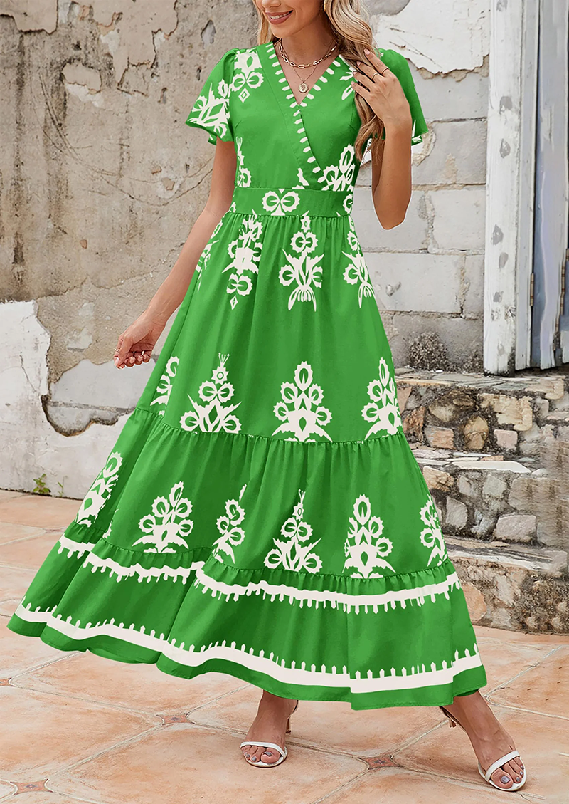 Womens Casual V Neck Boho Maxi Dress Flowy Aline Bell Sleeve Tiered Floral Dresses with Pocket(BUY 2 FREE SHIPPING)