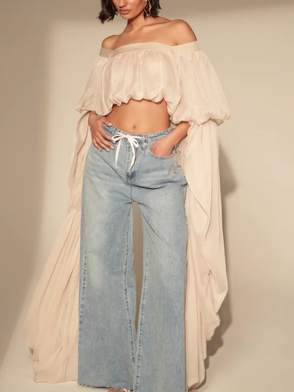 Women's Off-the-Shoulder Cape Sleeve Crop Top